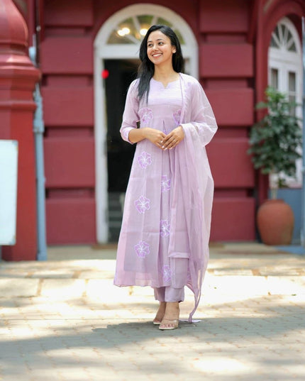 EC123  - Lavender Mul Chanderi Embroidered Kurti Set.