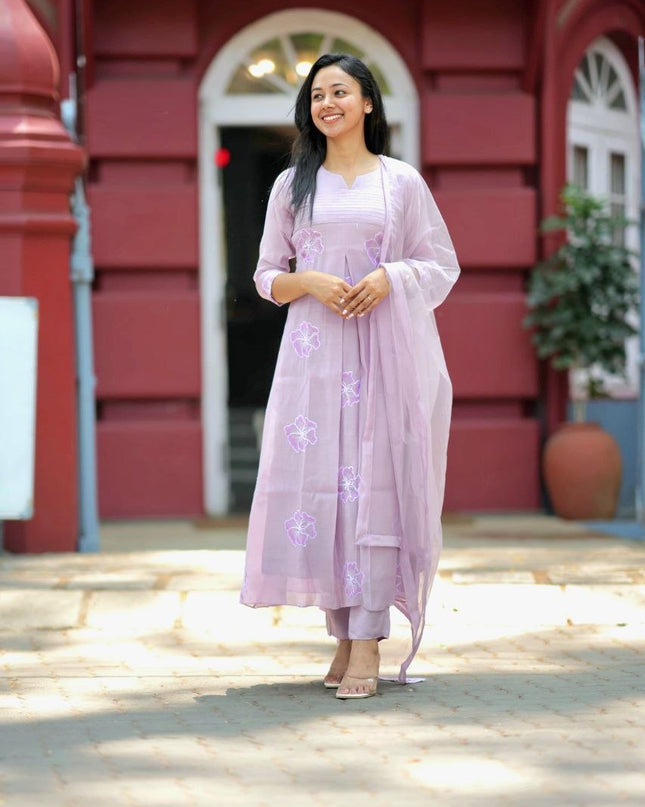 EC123  - Lavender Mul Chanderi Embroidered Kurti Set.