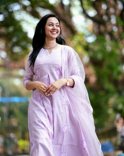 EC123  - Lavender Mul Chanderi Embroidered Kurti Set.