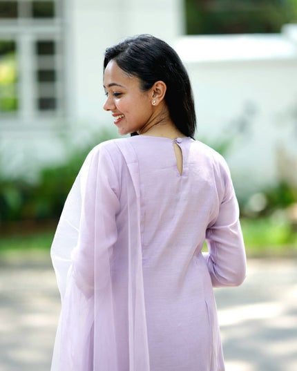 EC123  - Lavender Mul Chanderi Embroidered Kurti Set.