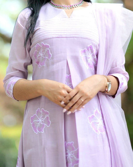 EC123  - Lavender Mul Chanderi Embroidered Kurti Set.