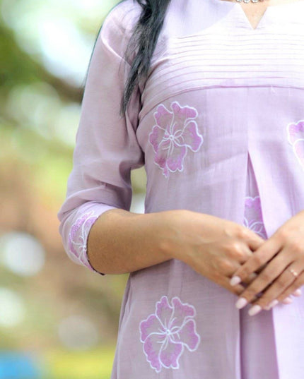EC123  - Lavender Mul Chanderi Embroidered Kurti Set.