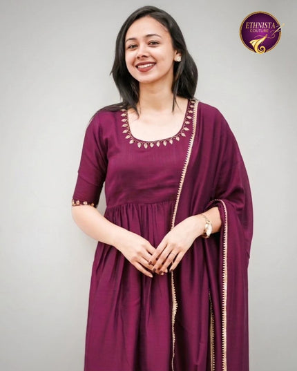 EC124 - Wine Vijithra Silk Gathered Set.