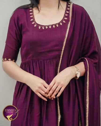 EC124 - Wine Vijithra Silk Gathered Set.