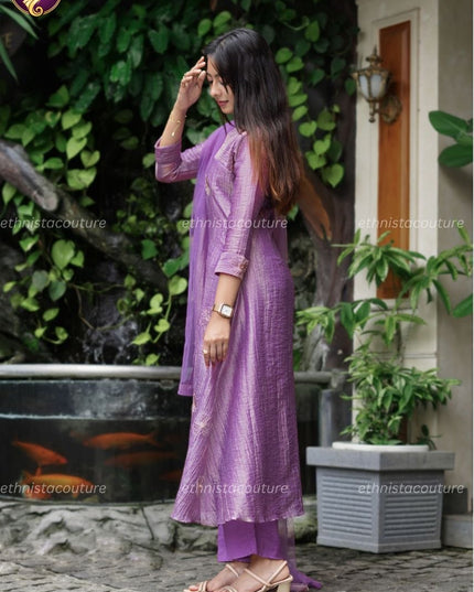 EC141 - Metallic Lilac Purple Salsa Crushed A-Line Kurti Set with Aari Work & Butterfly Net Dupatta