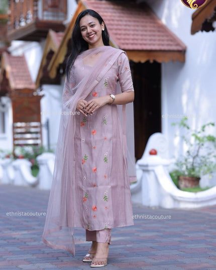 EC128 Peach Mul Chanderi Set – Soft Elegance ❤️