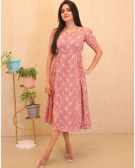 Printed Cotton Frock with Puff Sleeves-EC110