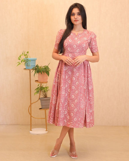 Printed Cotton Frock with Puff Sleeves-EC110