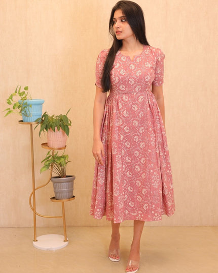 Printed Cotton Frock with Puff Sleeves-EC110