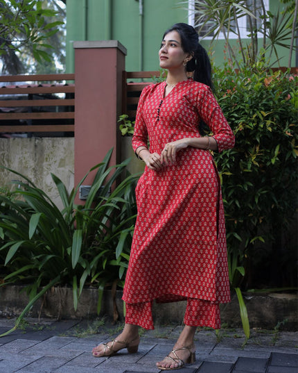 Red Cotton Co-Ord Set-EC102