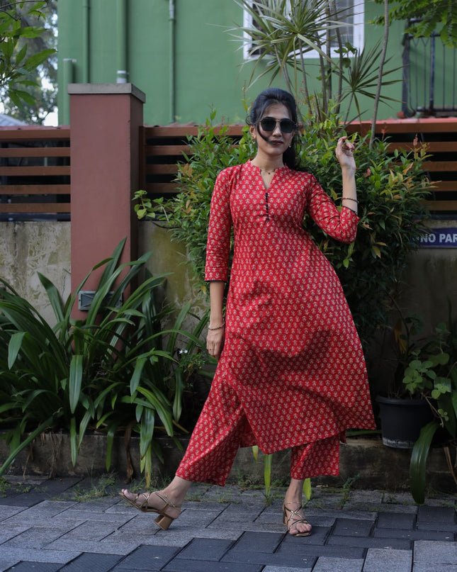 Red Cotton Co-Ord Set-EC102