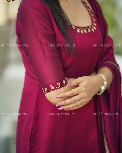 EC135 Wine Vijithra Silk Slit Set – Refined Statement 💜