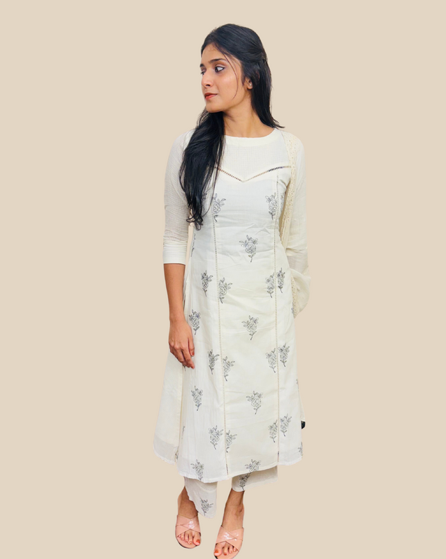 White Cotton 3-Piece Embroidered Ethnic Set EC055