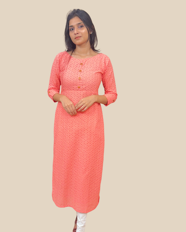 Hakoba Pure Cotton Kurti in Soft Peach Pink EC043