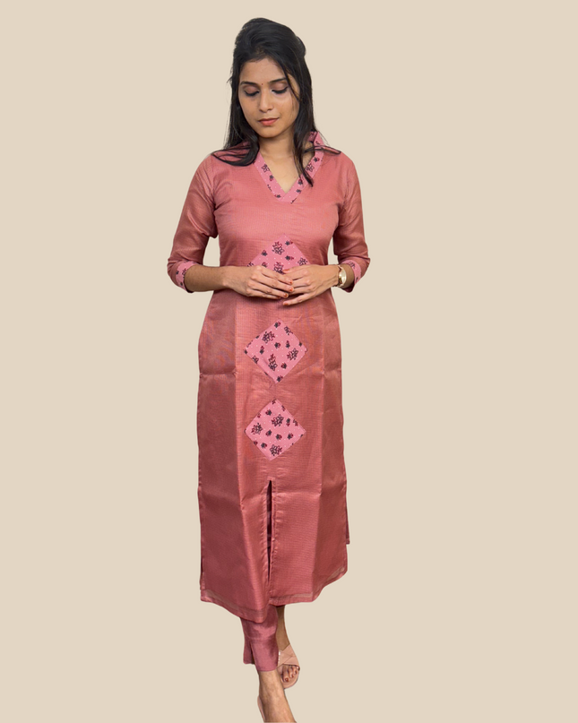 Onion Pink Net Cota Kurti Set with Modal Silk Pants EC049