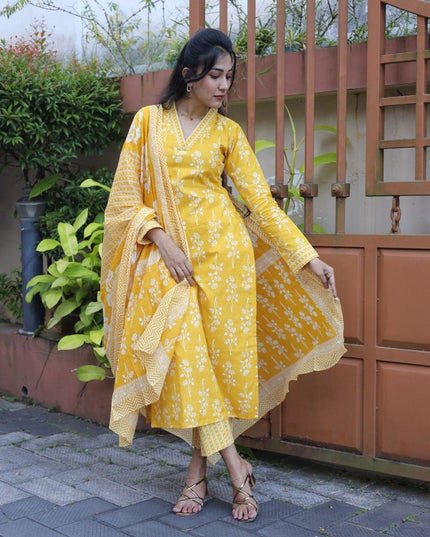 Yellow Cotton Printed Kurti Set with Dupatta – EC101