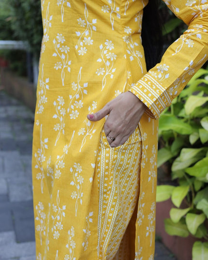 Yellow Cotton Printed Kurti Set with Dupatta – EC101