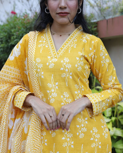 Yellow Cotton Printed Kurti Set with Dupatta – EC101
