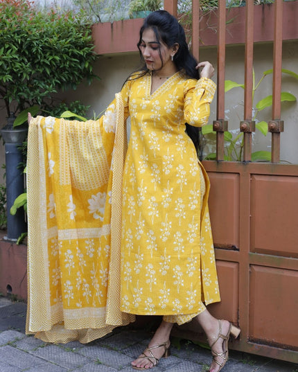 Yellow Cotton Printed Kurti Set with Dupatta – EC101