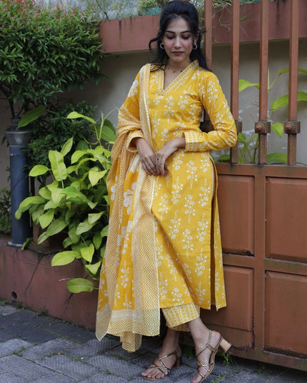 Yellow Cotton Printed Kurti Set with Dupatta – EC101